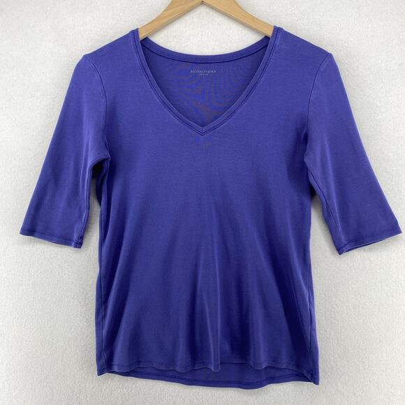 EILEEN FISHER Top S Organic Cotton Interlock Jersey V-Neck Elbow Sleeve Blue - Picture 1 of 10
